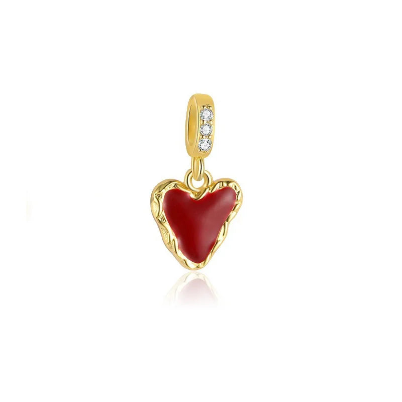 TrustDavis 925 Sterling Silver Red Enamel Heart Pink Zircon Bow Pendant DIY Necklace Bracelet Accessories Fine Jewelry DZ1846