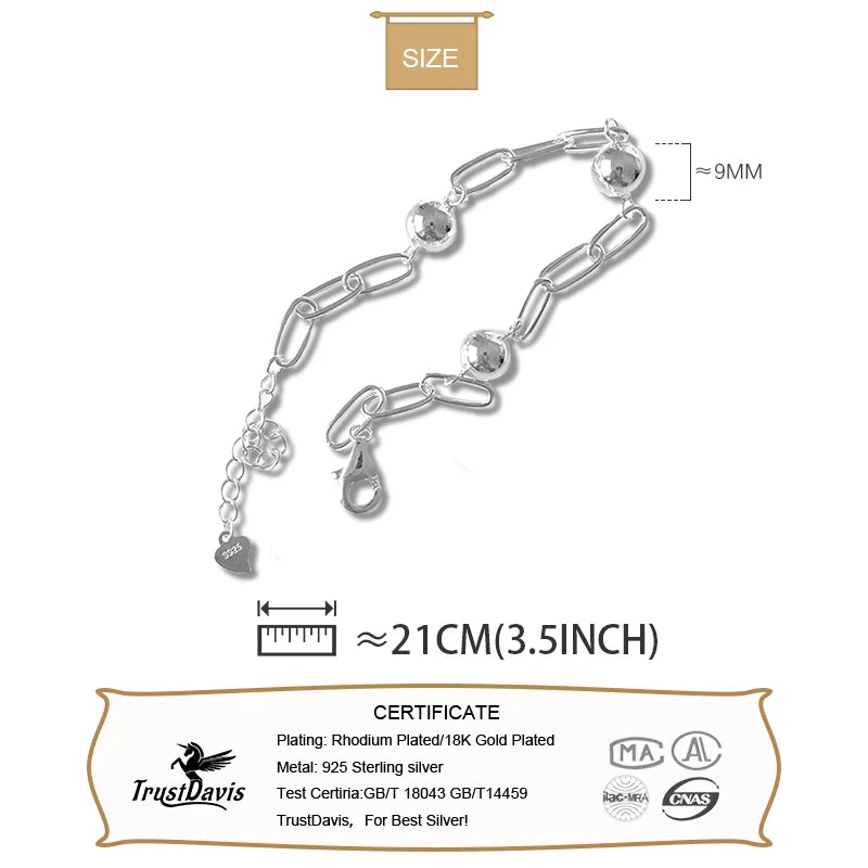 Real 925 Sterling Silver Bracelet Jewelry 9mm Ball Beads Chain Bracelet For Women Wedding Party Gift Jewelry DA3126