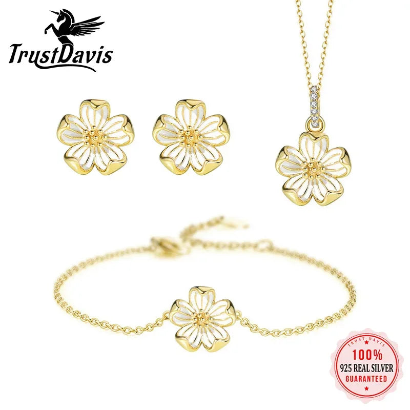 TrustDavis Real 925 Sterling Silver Daisy Flower Necklaces Bracelet Stud Earring For Daughter Girls Birthday Gift Jewelry LB090