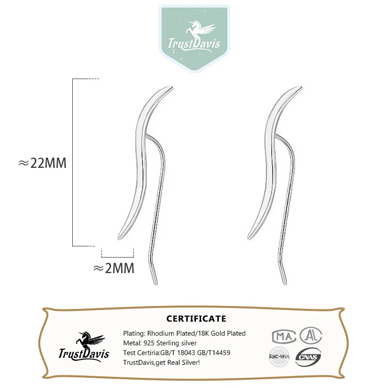 TrustDavis Real 925 Sterling Silver Minimalist Trendy Silver Line Earrings for Women Wedding Minimalist Fine Jewelry DS4655