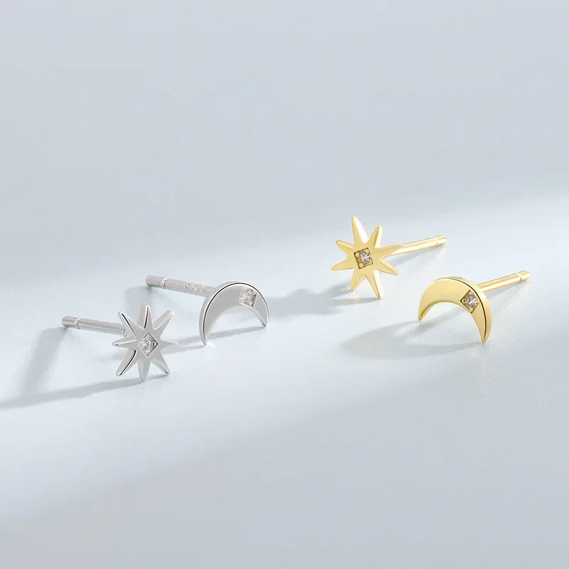TrustDavis Real 925 Sterling Silver Moon Star Zircon Stud Earrings Women Mum Daughter Birthday Party Gift Jewelry DS4415