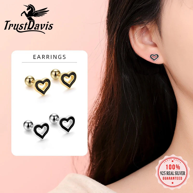 TrustDavis 925 Sterling Silver Women's Fashion Simple Epoxy Hollow Heart-shaped Earrings for Women Girls Jewelry Gift DS4405