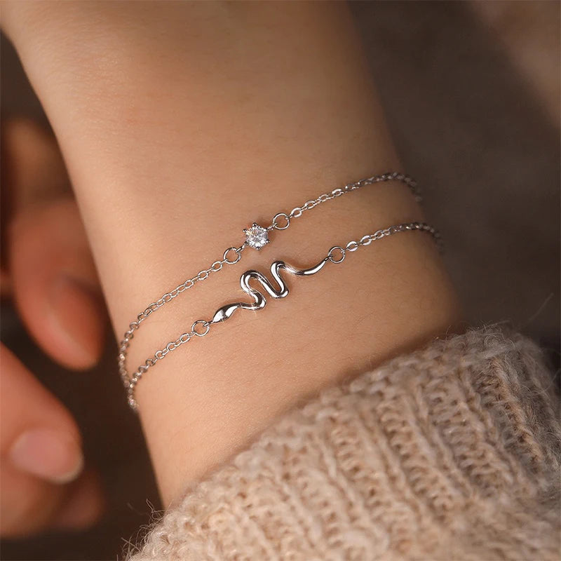 TrustDavis 100% 925 Sterling Silver Fashion Women's Jewelry Double Layer Snake Bracelet for Wife Best Firend Gift DS4188