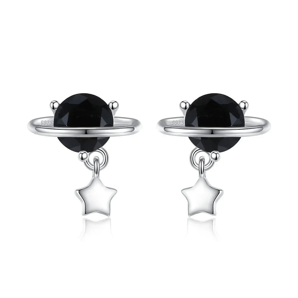 Black CZ Stone Star Planet Stud Earrings DA788