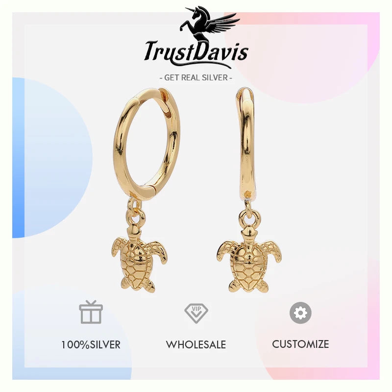 TrustDavis Real 925 Sterling Silver Women's Fashion and Simple Marine Animal Turtle Drop Earrings for Women Gift Jewelry DS4461