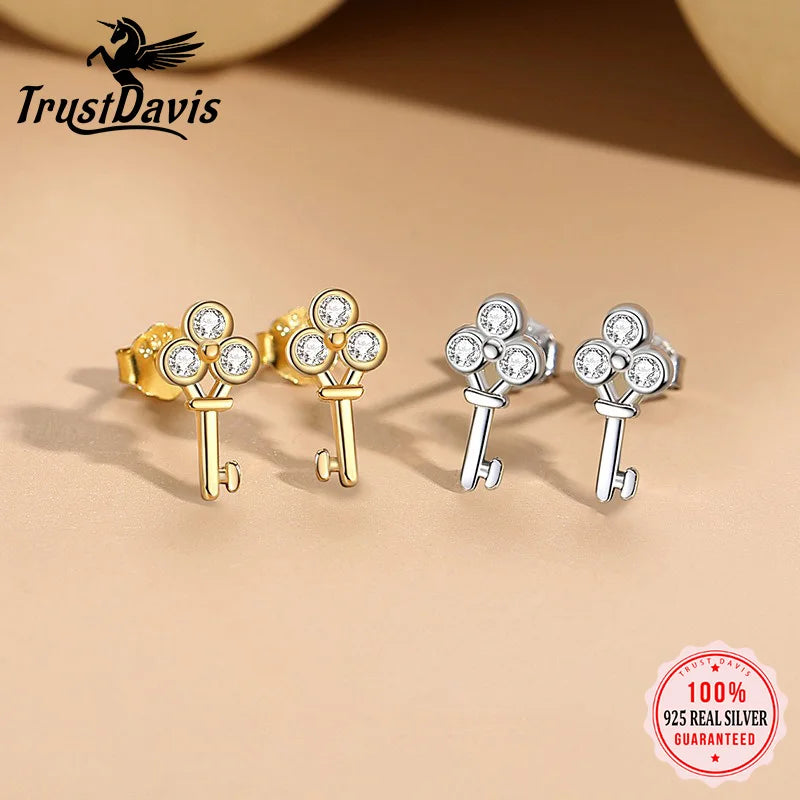 TrustDavis 925 Sterling Silver Women's Earrings Fashion Simple Key Zirconia Stud Earrings for Women Girls Jewelry Gift DS4358