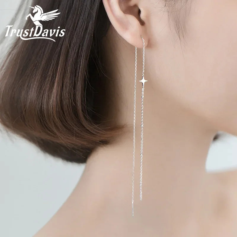 925 Sterling Silver Sweet Long Beads Star Chain 25cm Ear Line Earring DA1500