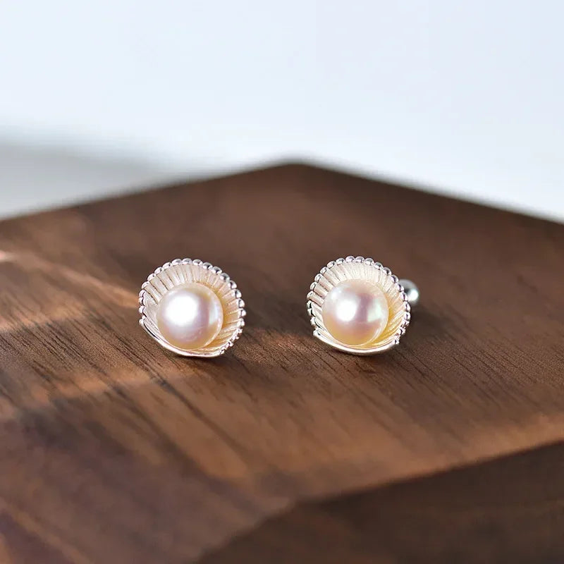 Trustdavis Real 925 Sterling Silver Fine Pearl Shells Screw Stud Earrings Women Daughter Birthday Party Gift Jewelry DS4327