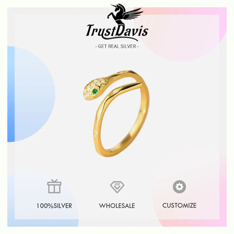 TrustDavis Real 925 Sterling Silver Ring Fashion Sweet Animal Snake Opening Rings for Women Girl Gift Fine Jewelry DS4175