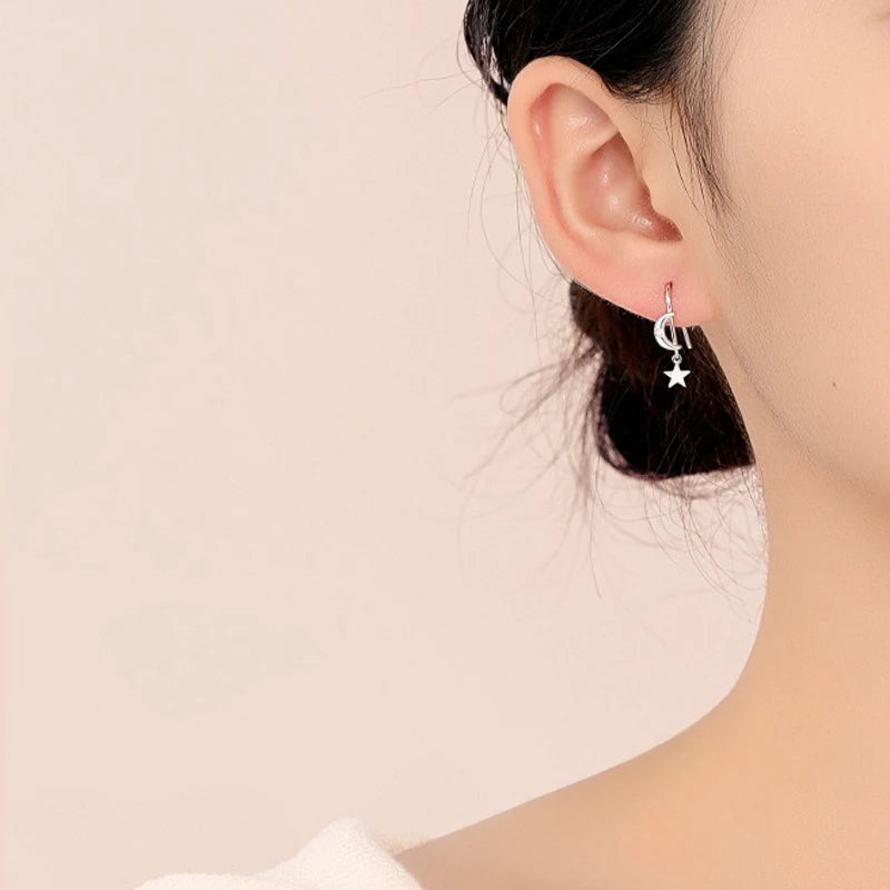 TrustDavis 925 Sterling Silver Women's Fashion Simple Star and Moon Tassel Earrings for Women Girls Jewelry Gift DS4267