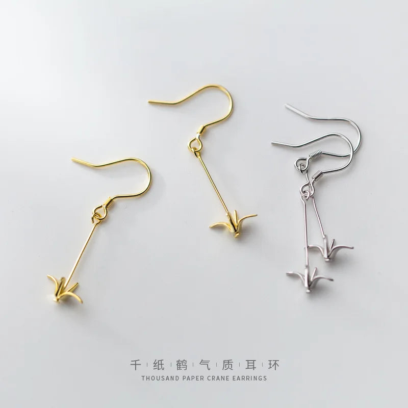 925 Sterling Silver Lovely Paper Crane Sweet Long Dangle Earrings DT53