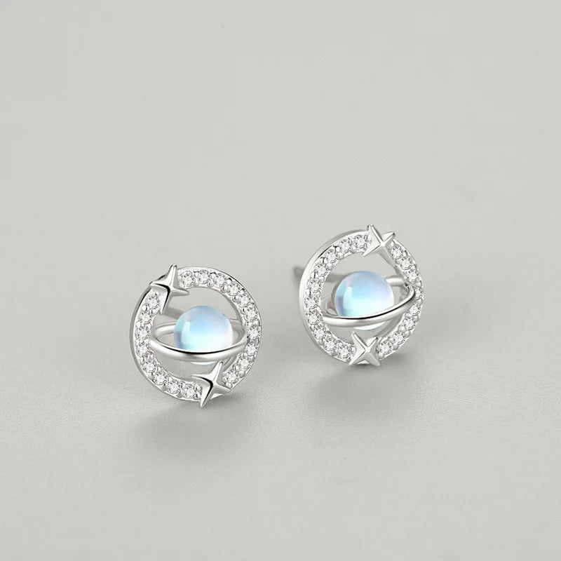 TrustDavis Real 925 Sterling Silver Women's Fashion Moonstone Planet Zirconia Stud Earrings for Women Girls Jewelry Gifts DS4243