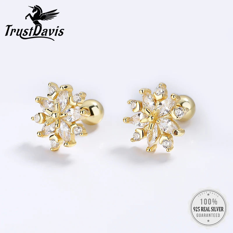TrustDavis Real 925 Sterling Silver 2022 Sweet Snowflake CZ Screw Stud Earrings For Daughter Girls Christmas Gift Jewelry DG0061