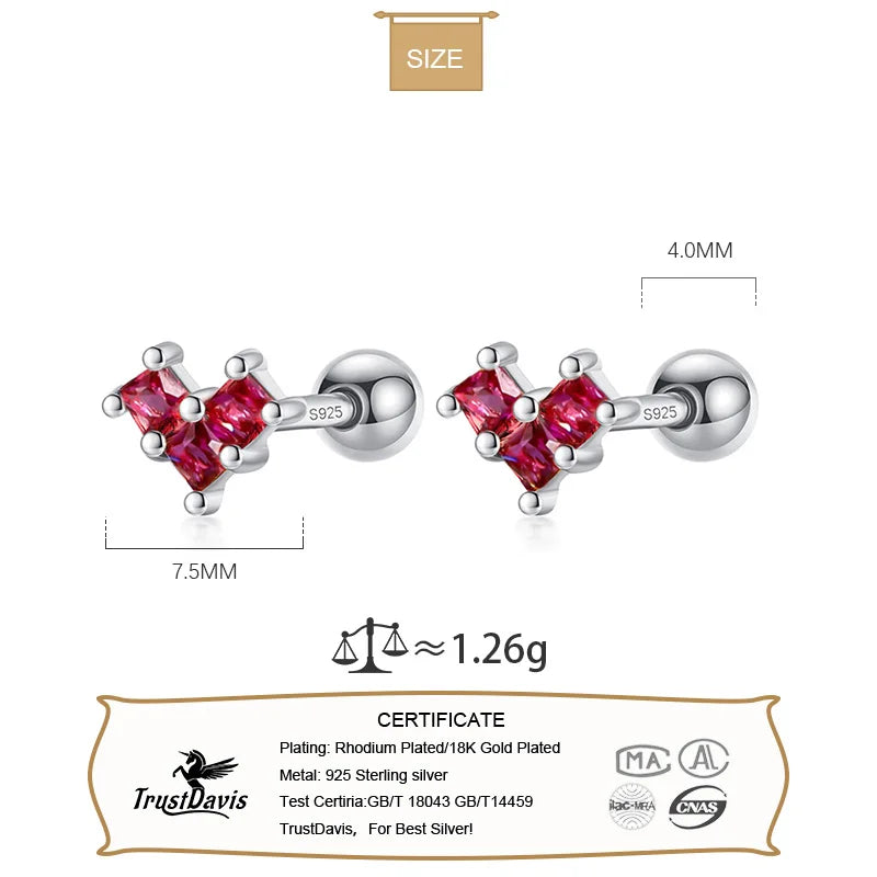 TrustDavis Real 925 Sterling Silver Heart CZ Beads Screw Stud Earring For Women Wedding Anniversary Fine Original Jewelry DA2783
