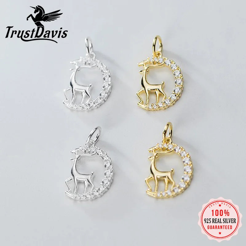 TrustDTrustDavis Real 925 Sterling Silver Diamond Studded Spotted Deer Charm Pendant Handmade DIY Accessories Wholesale DZ1705