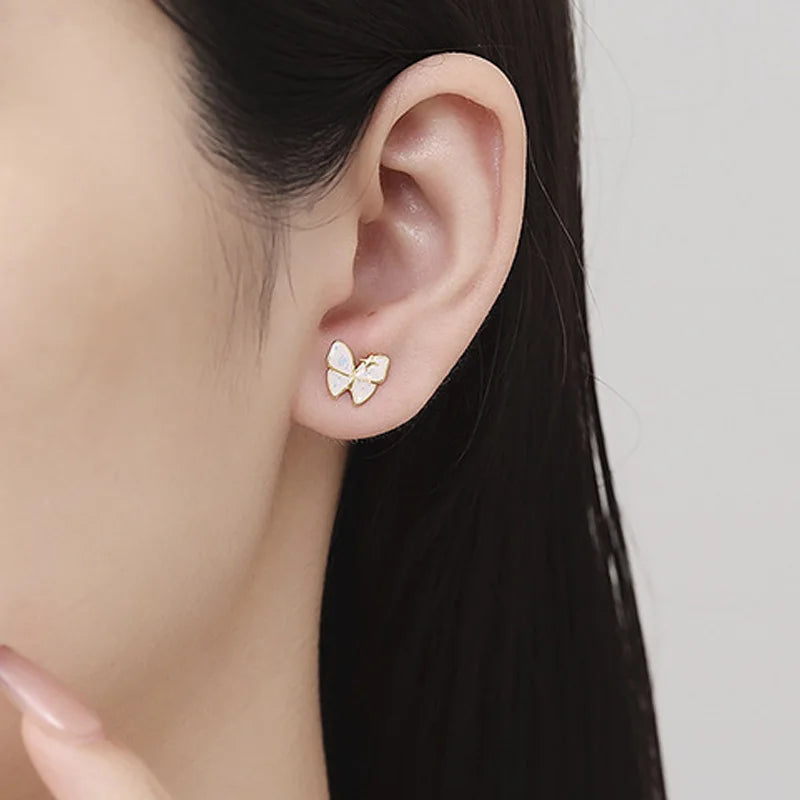 Real 925 Sterling Silver Sweet White Glazed Butterfly Stud Earrings DS4126