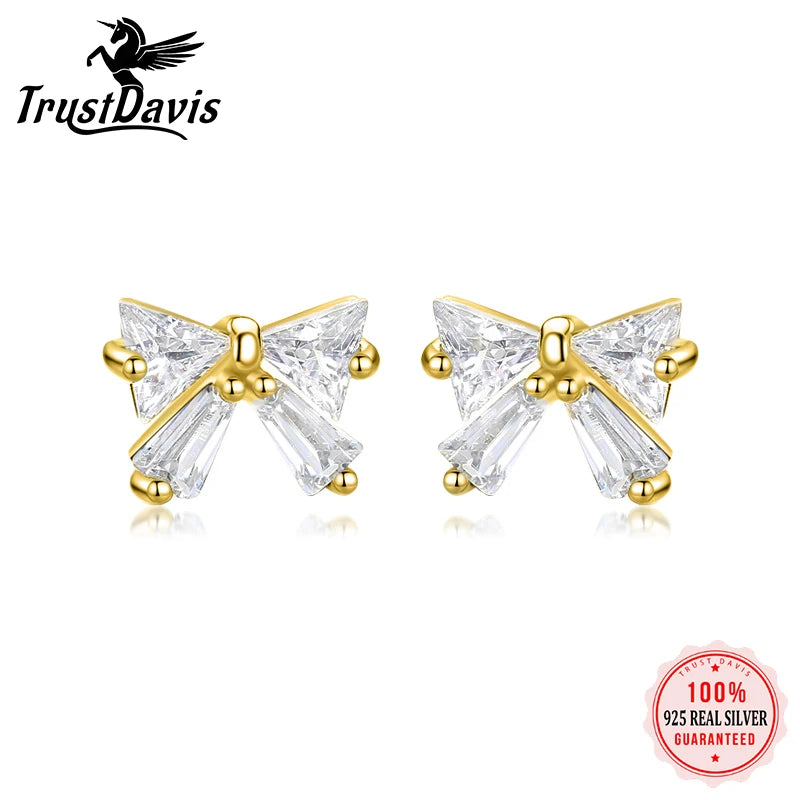 Real 925 Sterling Silver Earring Bowknot Shiny Zircon Screw Earrings DS3476