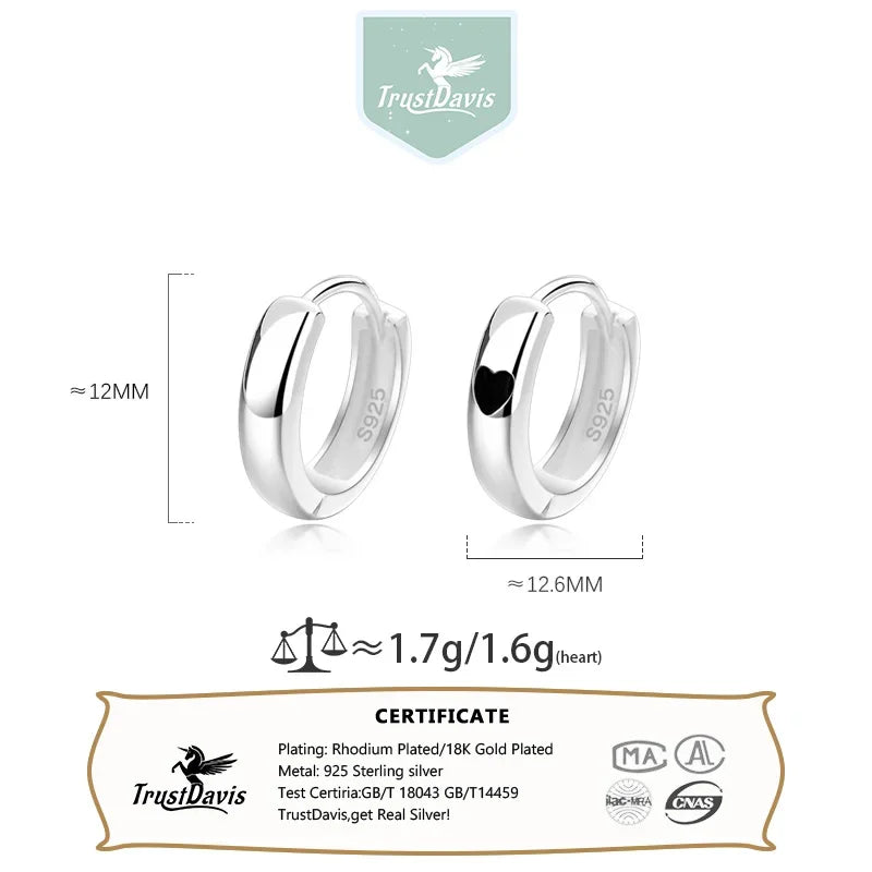 TrustDavis Real 925 Sterling Silver Fashion Sweet Heart Geometric Hoop Earrings for Women Wedding Party Fine Jewelry DS3959
