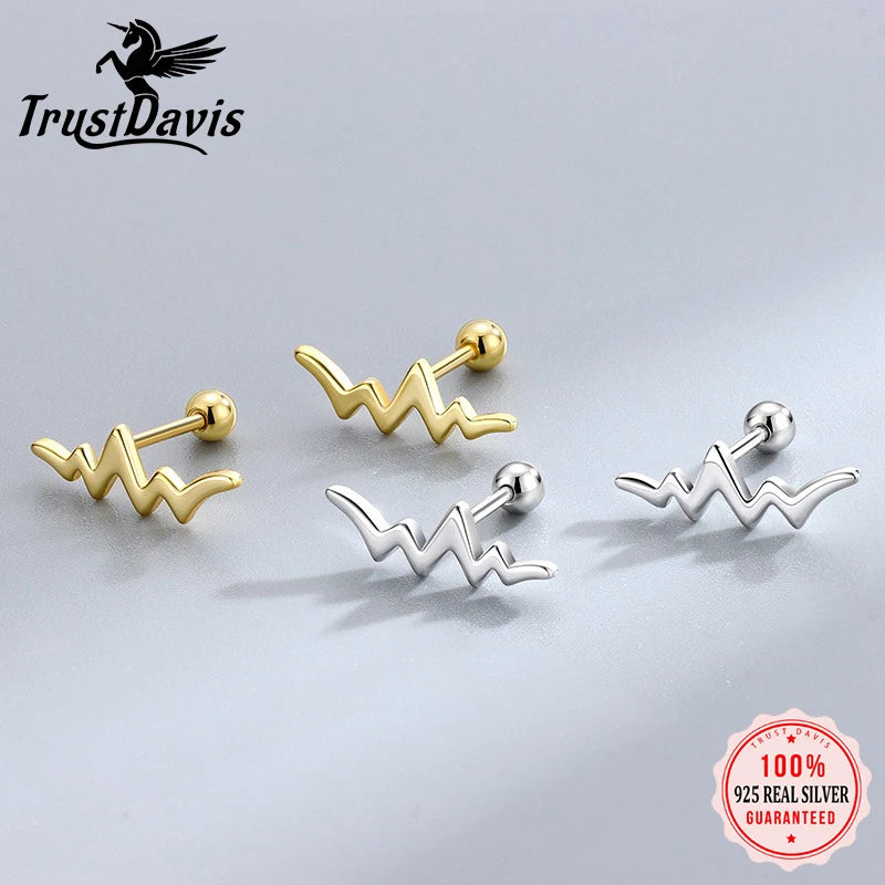 TrustDavis 925 Sterling Silver Women's Fashion Simple Smooth Heartbeat Line Screw Earrings for Women Girls Jewelry Gift DS4300