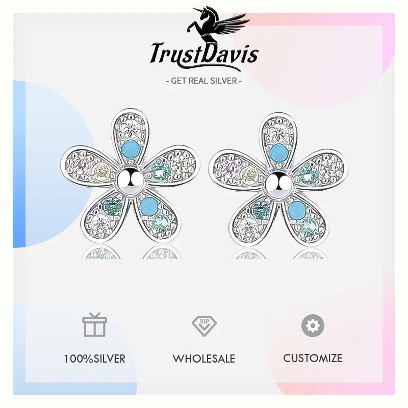 Trustdavis Real 925 Sterling Silver Sweet Colored Zircon Stud Earrings for Women Wedding Birthday Present Jewelry DA3212