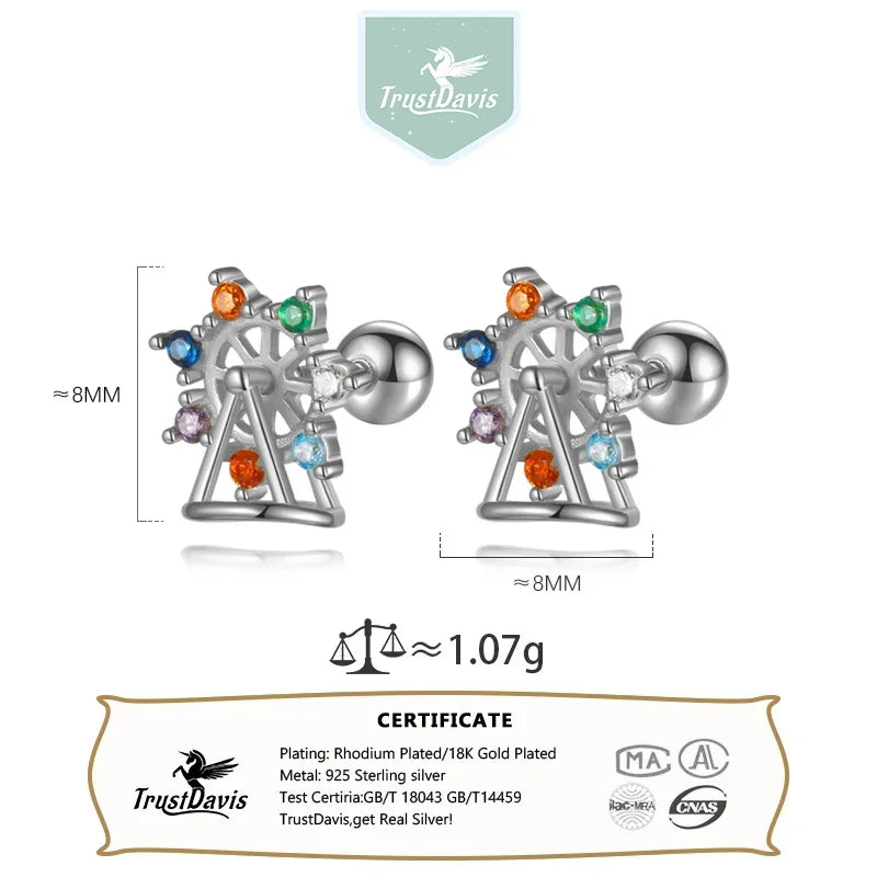 TrustDavis Girls 925 Sterling Silver Ferris Wheel Bead Screw Stud Earrings for Daughter Children Birthday Gift Jewelry DS4167