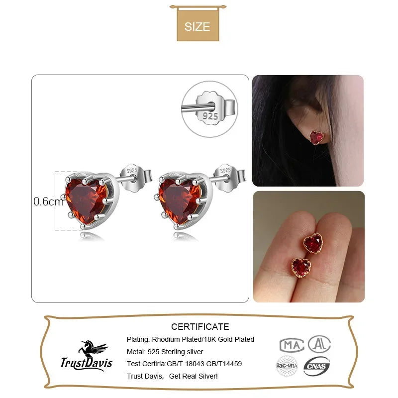 TrustDavis 925 Sterling Silver Fashion Women's Jewelry Romantic Red Heart With CZ Stud Earring Gift For Girls Kids Lady DB1236