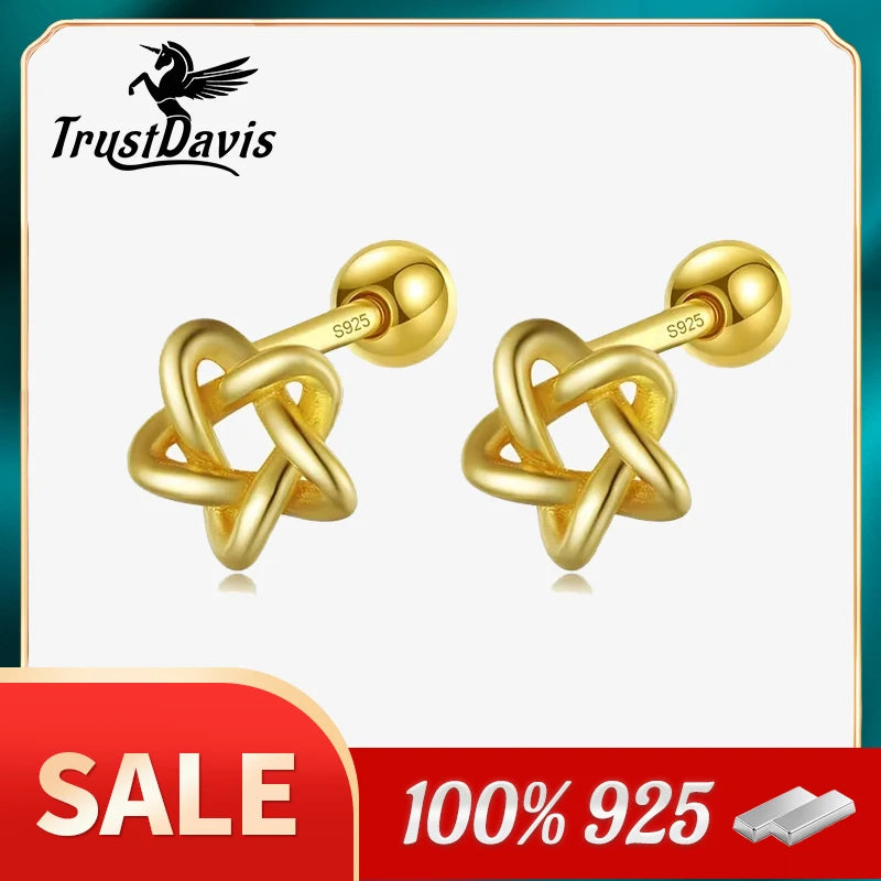 TrustDavis Real 925 Sterling Silver Screw Stud Earrings Fashion Hollow Star Beads Earring For Women Wedding Fine Jewelry DA2557