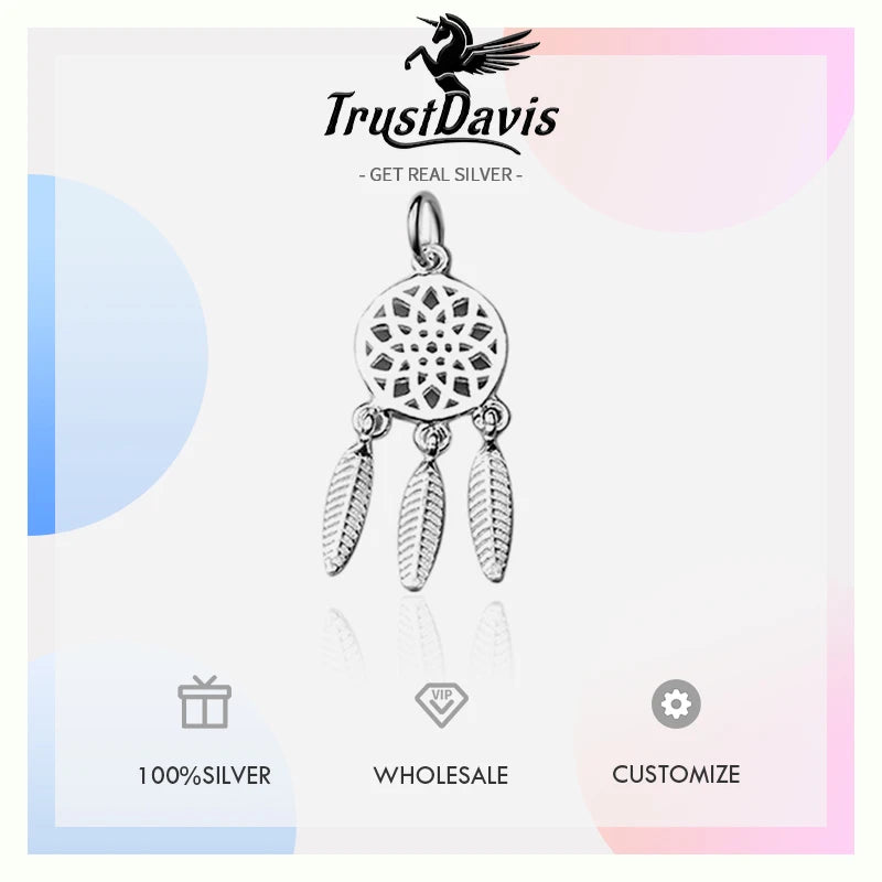 TrustDavis Real 925 Sterling Silver Fashion Dreamcatcher Charm Pendant Handmade DIY Accessories Fine Jewelry Wholesale DZ1714