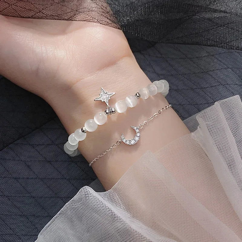 925 Sterling Silver Sweet Synthetic Opal Moon Star Bracelet DB345
