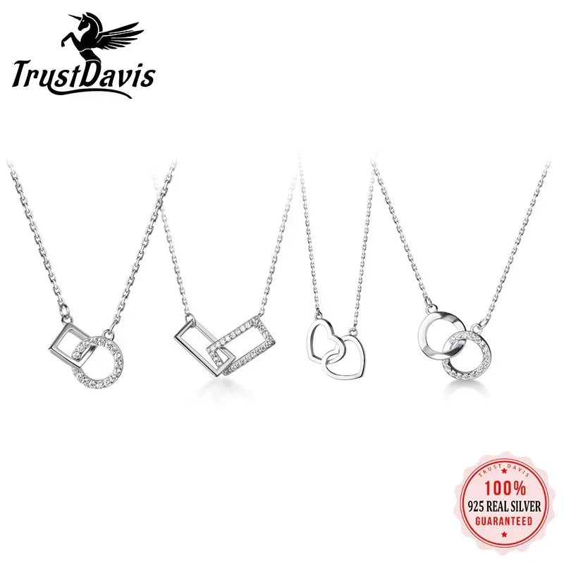 TrustDavis Real 925 Sterling Silver Sweet Double Round Heart Cross CZ Pendant Necklace For Women Wedding Fine Jewelry DA2486