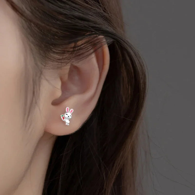 TrustDavis Real 925 Sterling Silver Kids Earring Frosted Rabbit Carrot Stud Earrings For Daughter Girls Fine Jewelry Gift DS3213