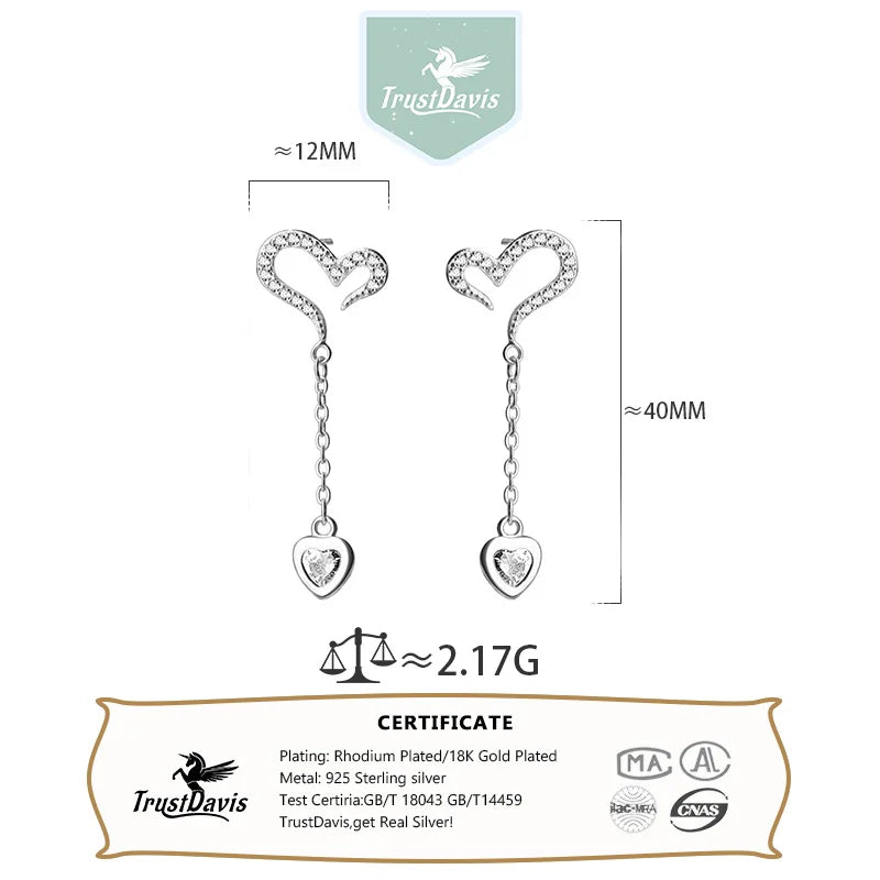 TrustDavis 925 Sterling Silver Women's Fashion Heart-shaped Asymmetric Zircon Drop Earrings for Women Girls Jewelry Gift DS4346