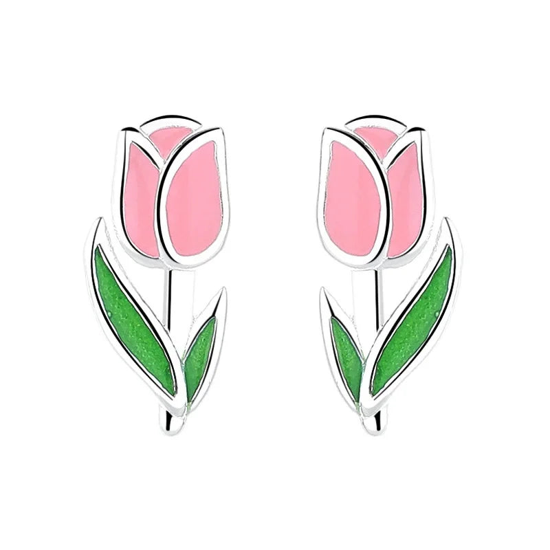 Trustdavis Real 925 Sterling Silver Sweet Fashion Tulips Fresh Stud Earrings Women Girls Birthday Party Gift Jewelry DS4136