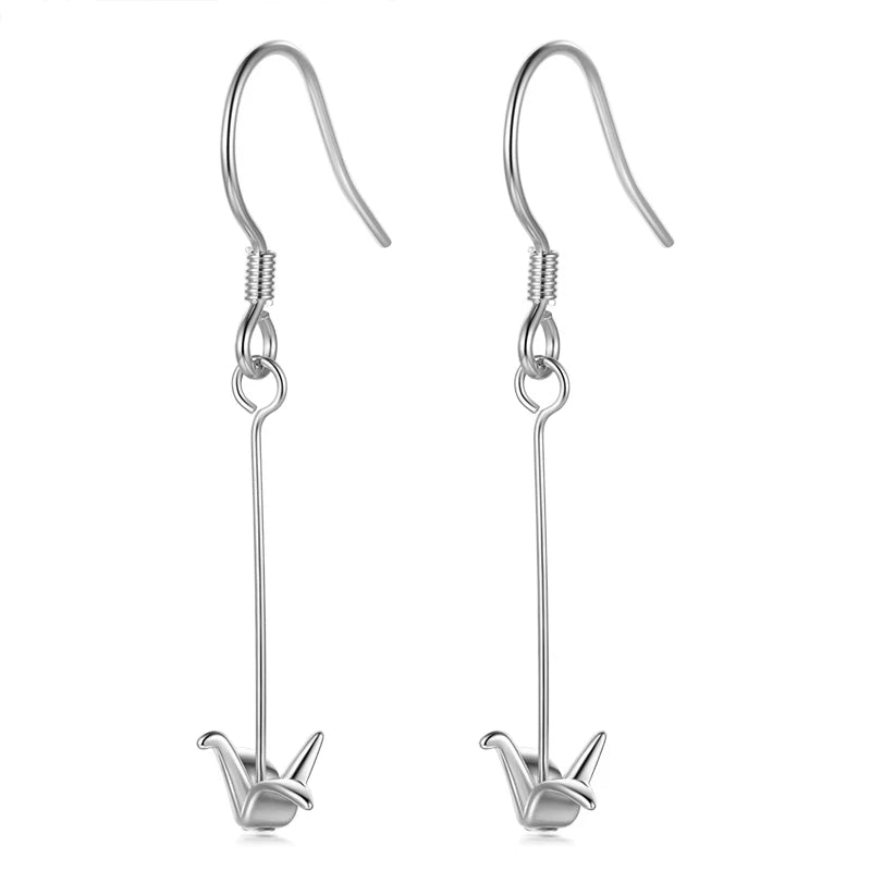 925 Sterling Silver Lovely Paper Crane Sweet Long Dangle Earrings DT53