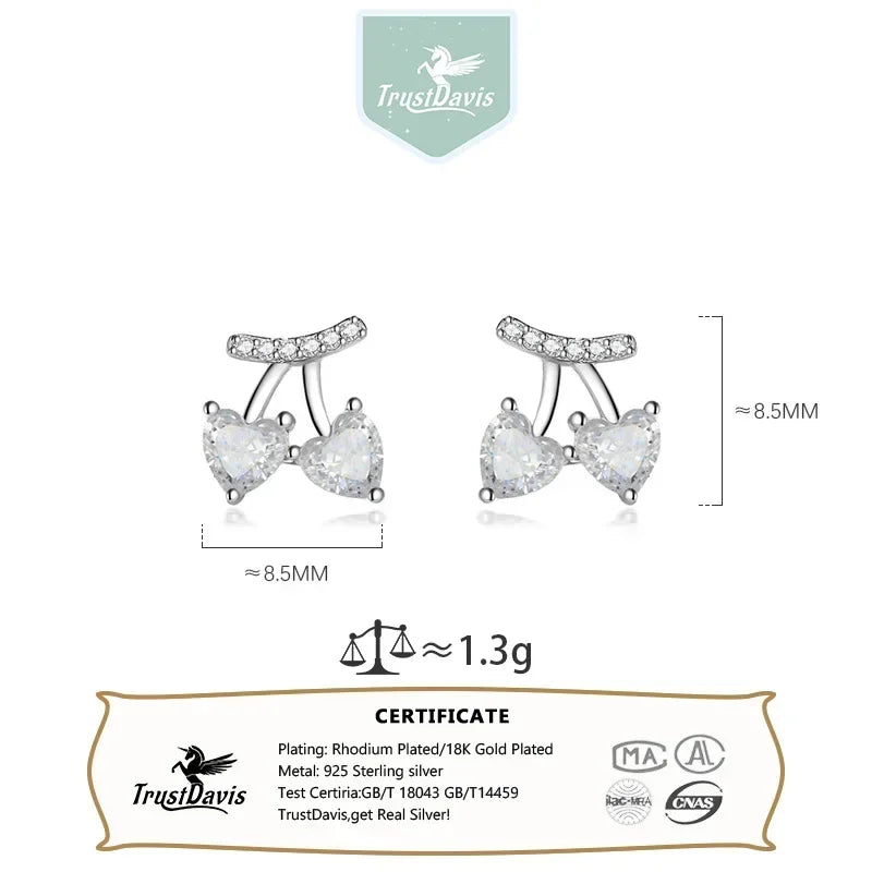 TrustDavis Authentic 925 Sterling Silver Heart Cherry CZ Stud Earrings for Women Girls Kids Birthday Gift Jewelry DS3898