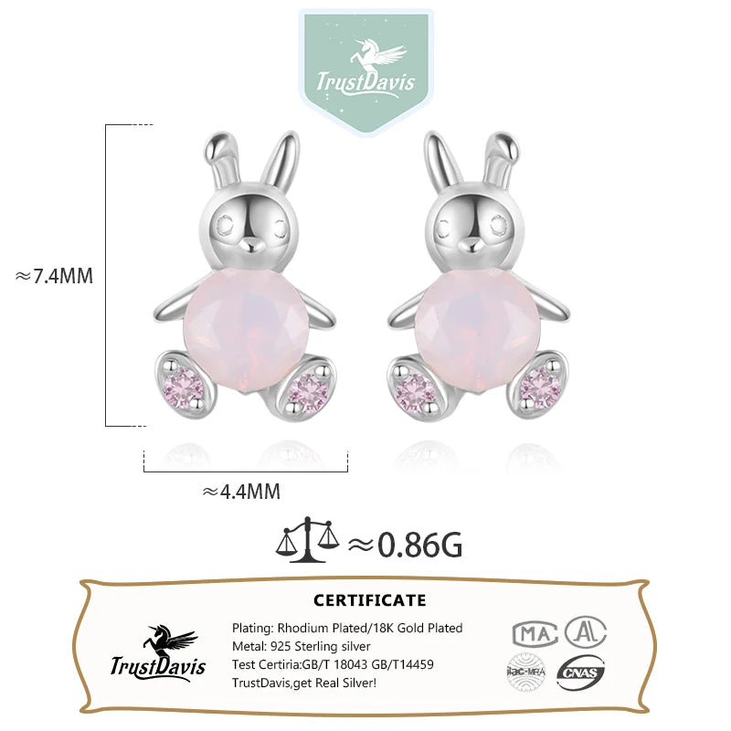 TrustDavis Genuine Fashion 925 Sterling Silver cute Animal rabbit Stud Earring For Women Silver 925 Earrings Jewelry Gift DS4622