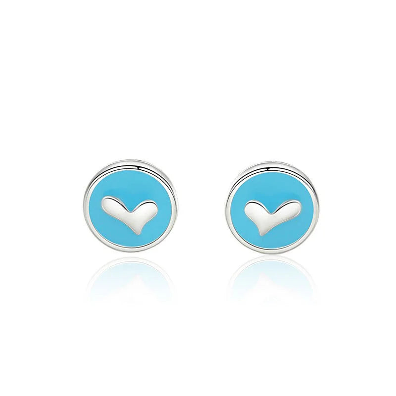 TrustDavis 925 Sterling Silver Women's Earrings Fashion Simple Round Blue Heart Earrings for Women Girls Jewelry Gift DS4359