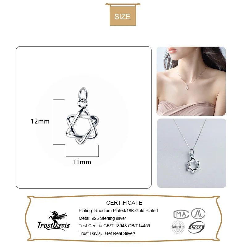 TrustDavis Real 925 Sterling Silver Fashion Hexagram Star Pendant Handmade DIY Necklace Accessories Jewelry Wholesale HY739
