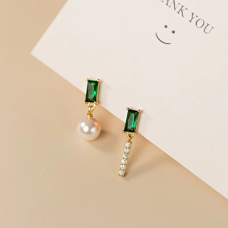 TrustDavis Real 925 Sterling Silver Earring Asymmetric Synthesis Pearl Green CZ Stud Earrings For Women Mother's Day Gift DA3138
