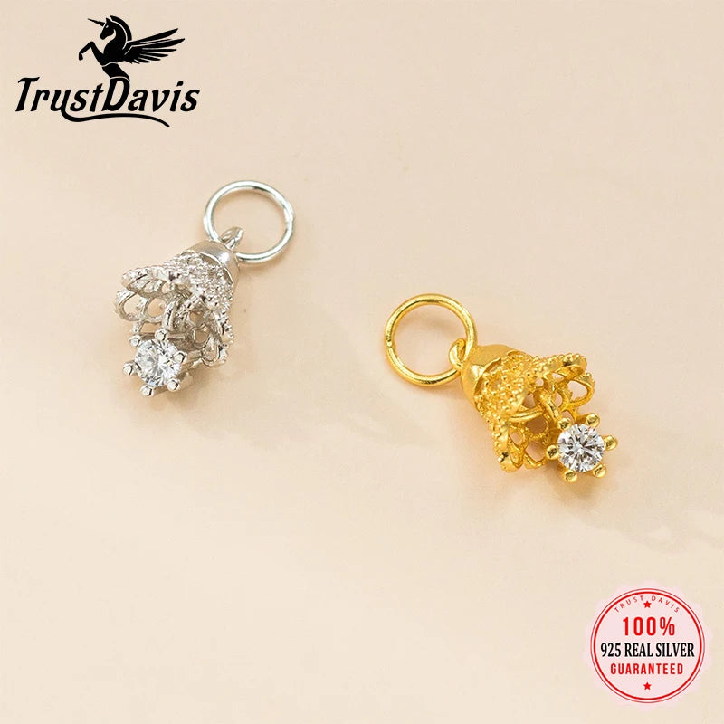 TrustDavis Real 925 Sterling Silver Zircon Small Bell Pendant Handmade DIY Necklace Bracelet Accessories Fine Jewelry DZ1801