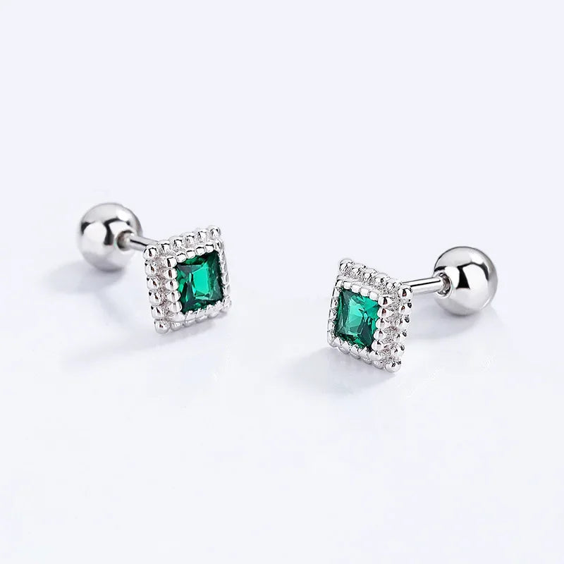 18K Gold Square Green CZ Beads Screw Earring DG0095
