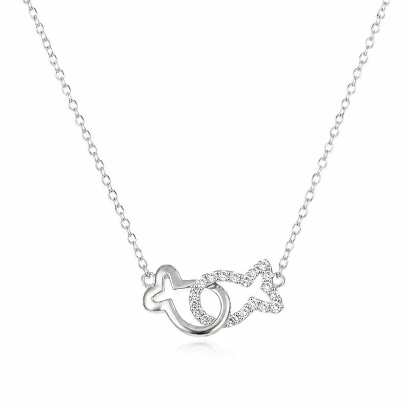 Real 925 Sterling Silver Hollow Double Fish Zircon Necklace DS4959