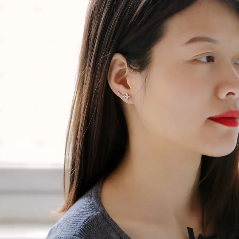 Real 925 Sterling Silver Fashion Plane Star Ear Hook Charm Stud Earrings H072