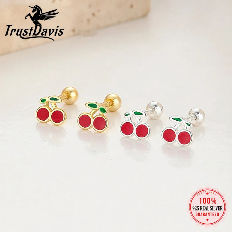 TrustDavis Real 925 Sterling Silver Fashion Sweet Cute Zirconia Cherry Screw Earrings for Women Girls Jewelry Gift DS4734