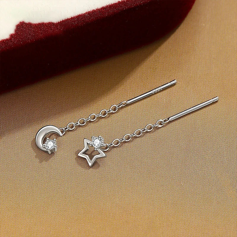 TrustDavis Real 925 Sterling SilverWomen's Simple Tassel Earrings Sweet Star and Moon Earrings for Women Gift Jewelry DA4206