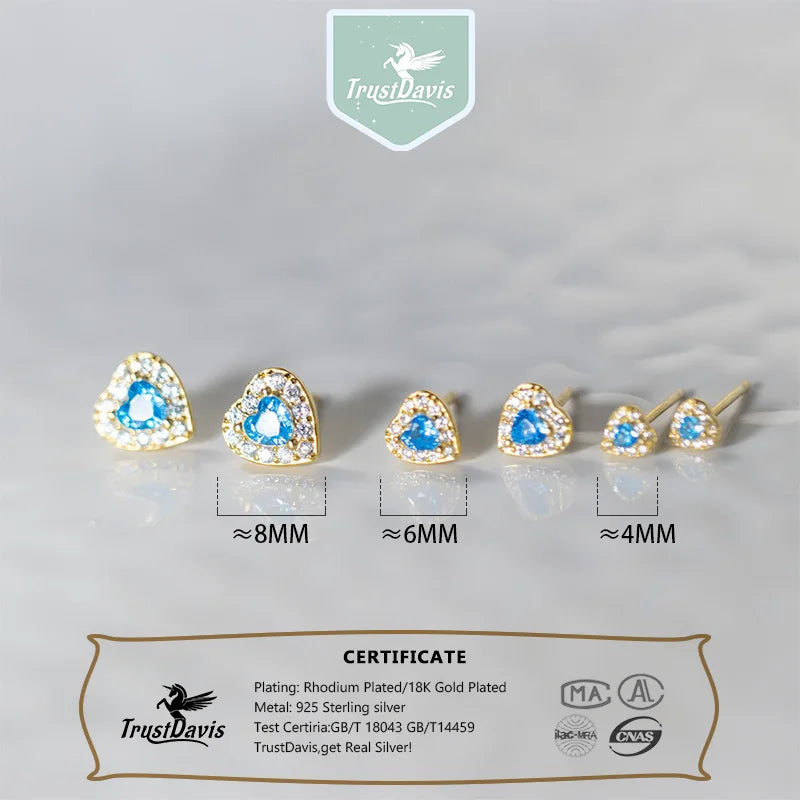 TrustDavis 925 Sterling Silver Fashion Heart Shaped Earrings Blue Diamond Stud Earrings for Women Fine Jewelry Gift DS4167