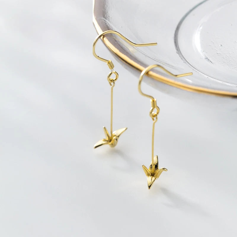 925 Sterling Silver Lovely Paper Crane Sweet Long Dangle Earrings DT53