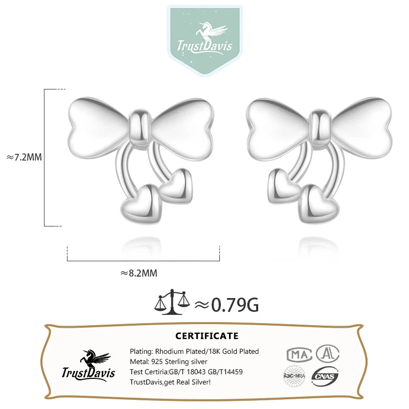 999 Sterling Silver Cute Heart Bowknot Screw Stud Earrings DS4626