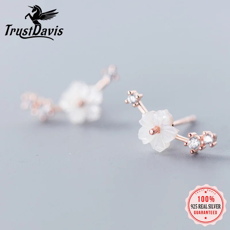 TrustDavis S925 Sterling Silver Fashion Sweet Shell Flower Shiny CZ Stud Earring For Women Wedding Party Birthday Present DS828