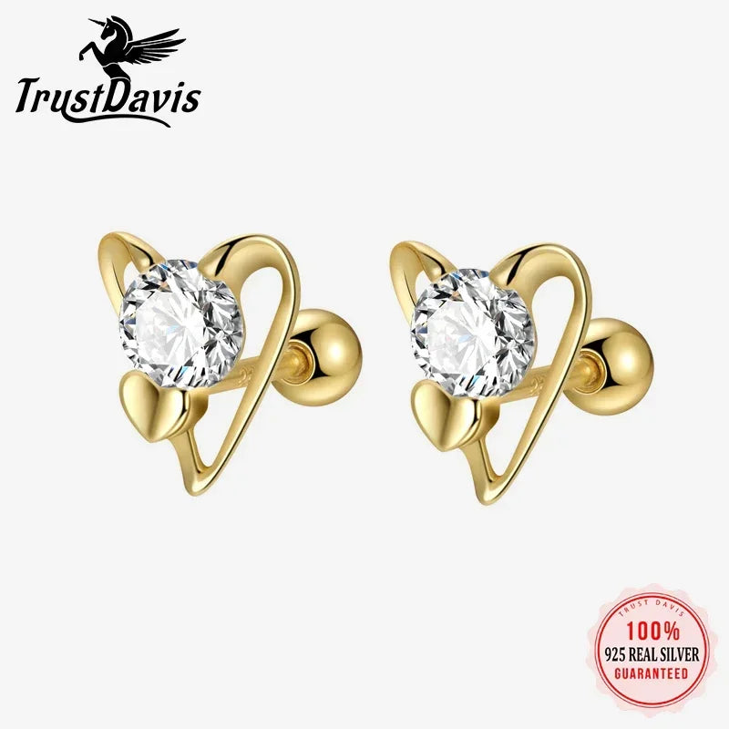 TrustDavis Girls Real 925 Sterling Silver Romantic Heart Screw Stud Earrings Women Daughter Birthday Party Gift Jewelry DS4311